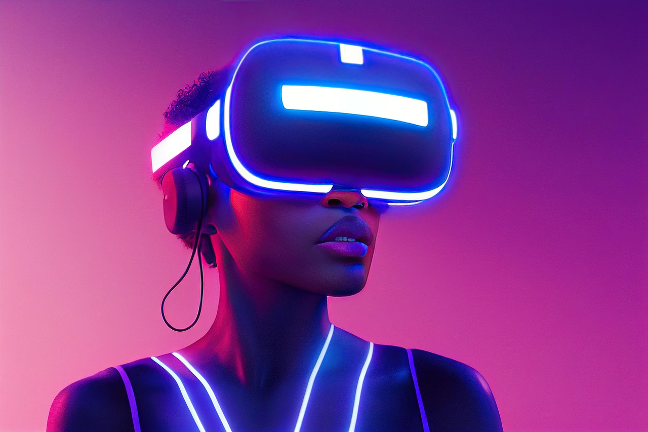xr, mr, mixed reality, virtual reality, augmented reality, african american, female, woman, lady, girl, black, metaverse, america, pink, purple, blue, neon, lighting