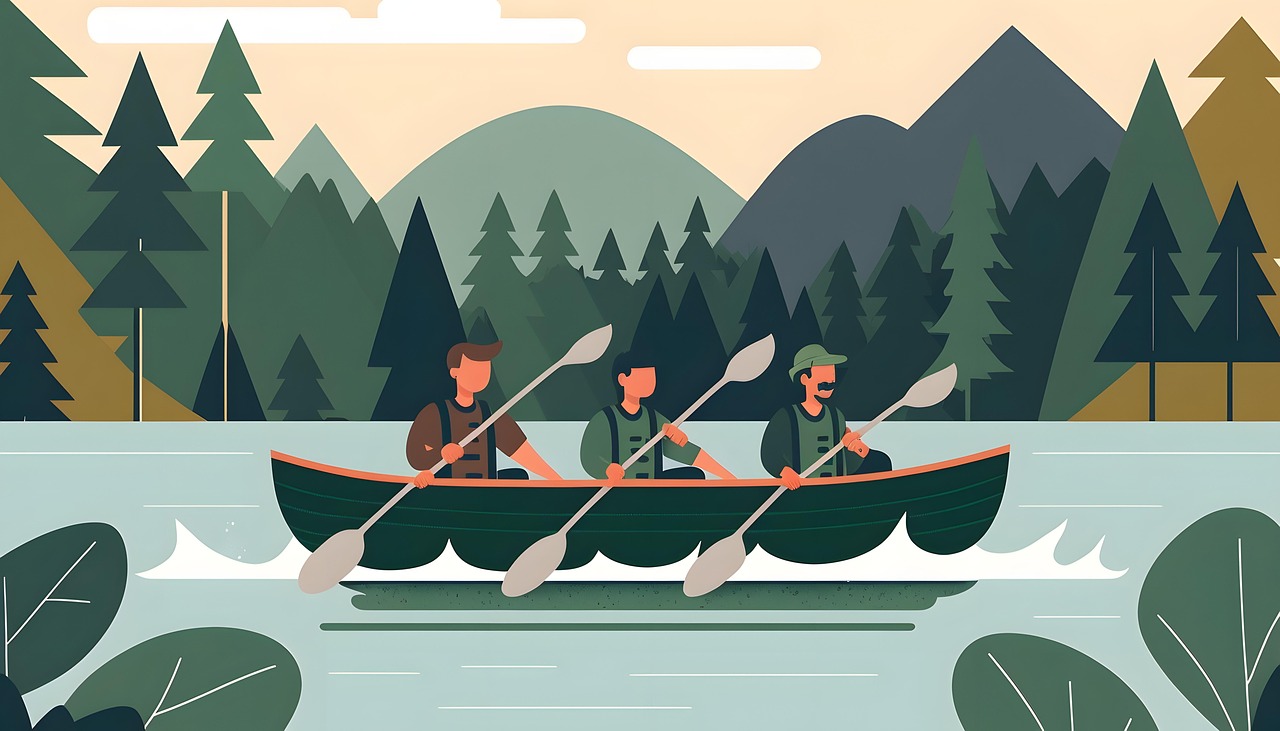teamwork, rowing, crew, river, boat, team, group, nature, lake, forest, movement, experience, digital art, green