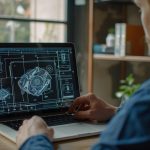 ai generated, engineer, laptop, design, technical, drawing, mechanical, component, concentration, skills, work, computer, technology, workspace, office, profession, professional, digital, engineering, project, innovation, development, blueprint, drafting, planning, productivity