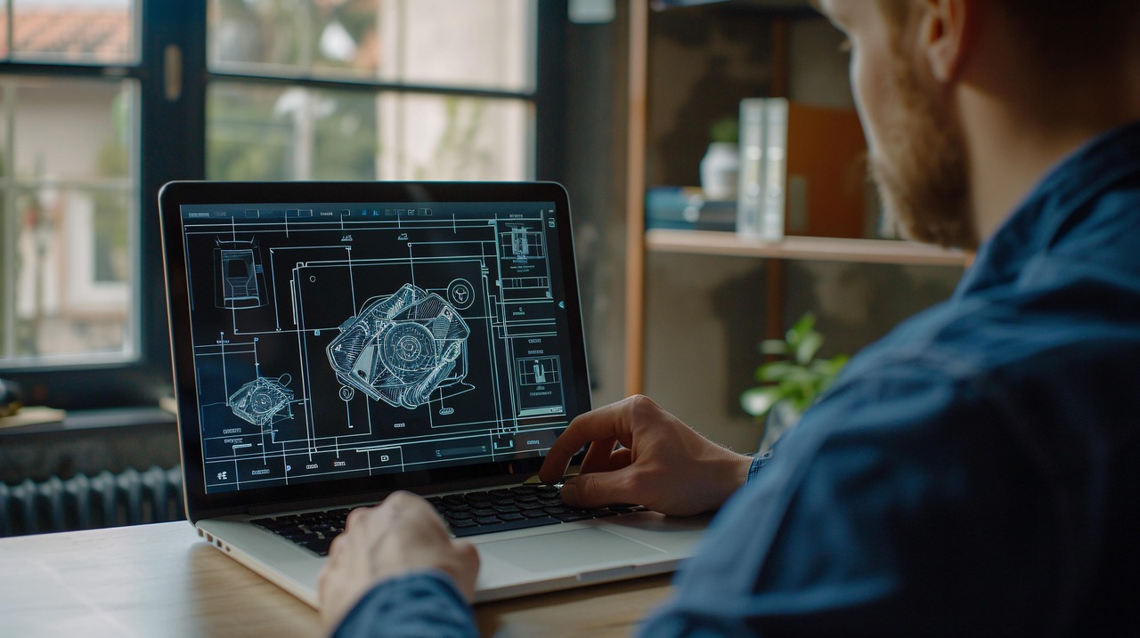 ai generated, engineer, laptop, design, technical, drawing, mechanical, component, concentration, skills, work, computer, technology, workspace, office, profession, professional, digital, engineering, project, innovation, development, blueprint, drafting, planning, productivity