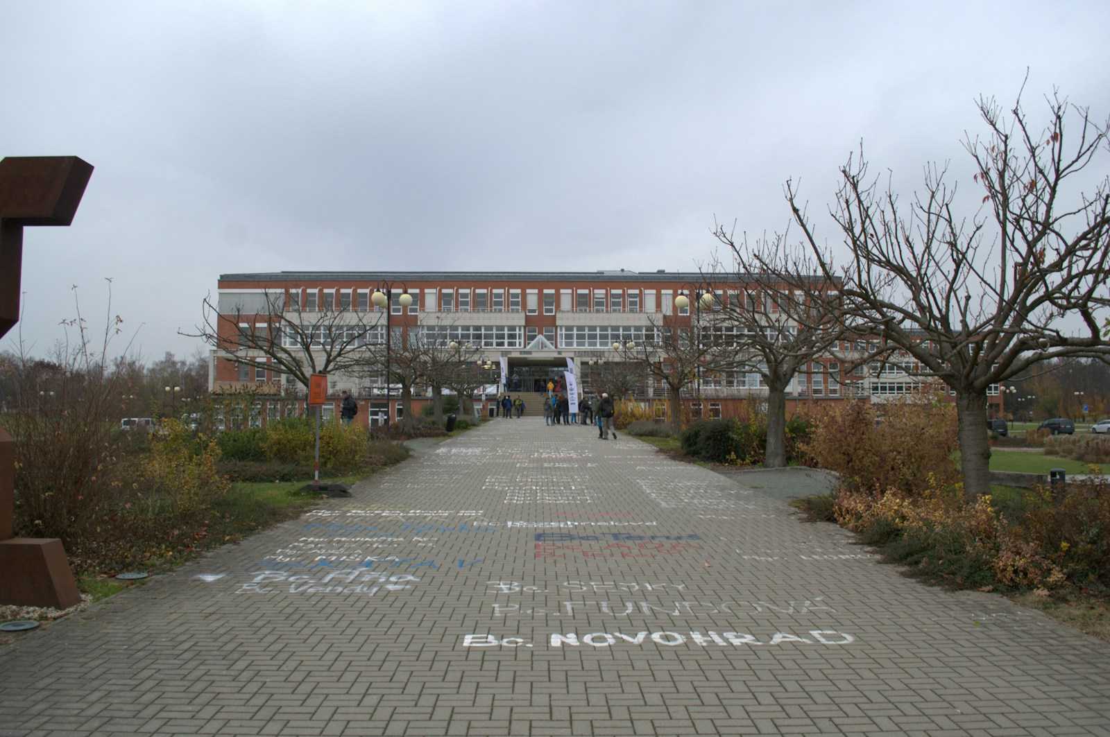 Modern building entrance with paved walkway and trees